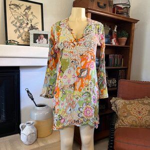 anthropologie: RAJ hand embroidered w/1-seed button Beach Cover up / lounge dr.